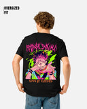 Person wearing a black t-shirt with colorful graphic design and text on the back, on a white background.