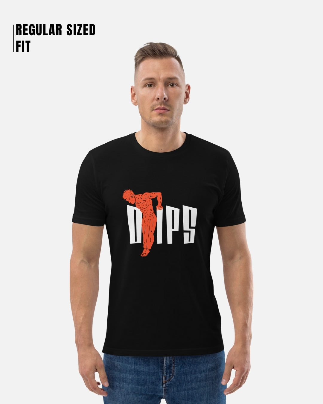 Man wearing a black t-shirt with a graphic design on a white background