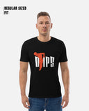 Man wearing a black t-shirt with a graphic design on a white background