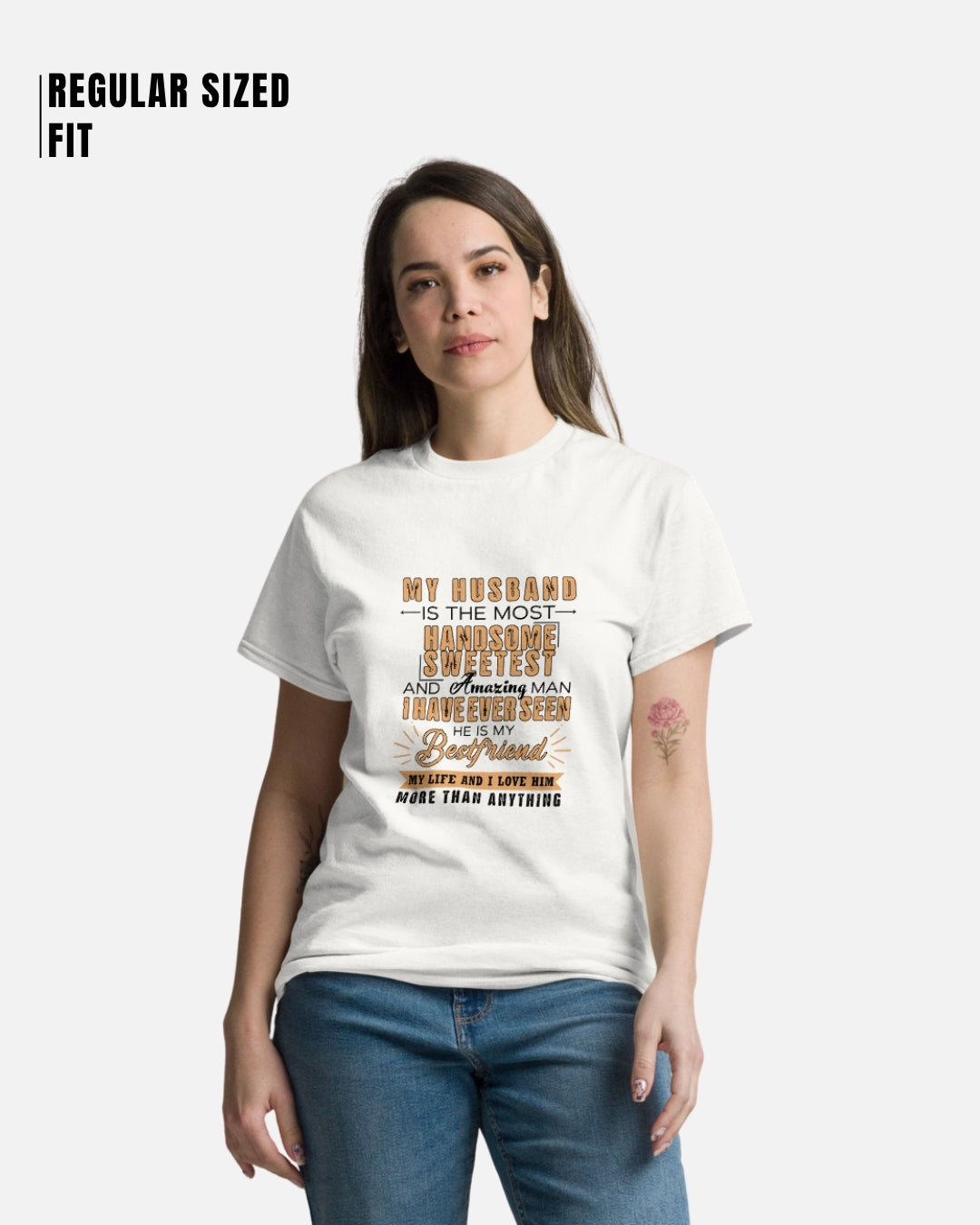 Woman wearing a white t-shirt with text design on a white background