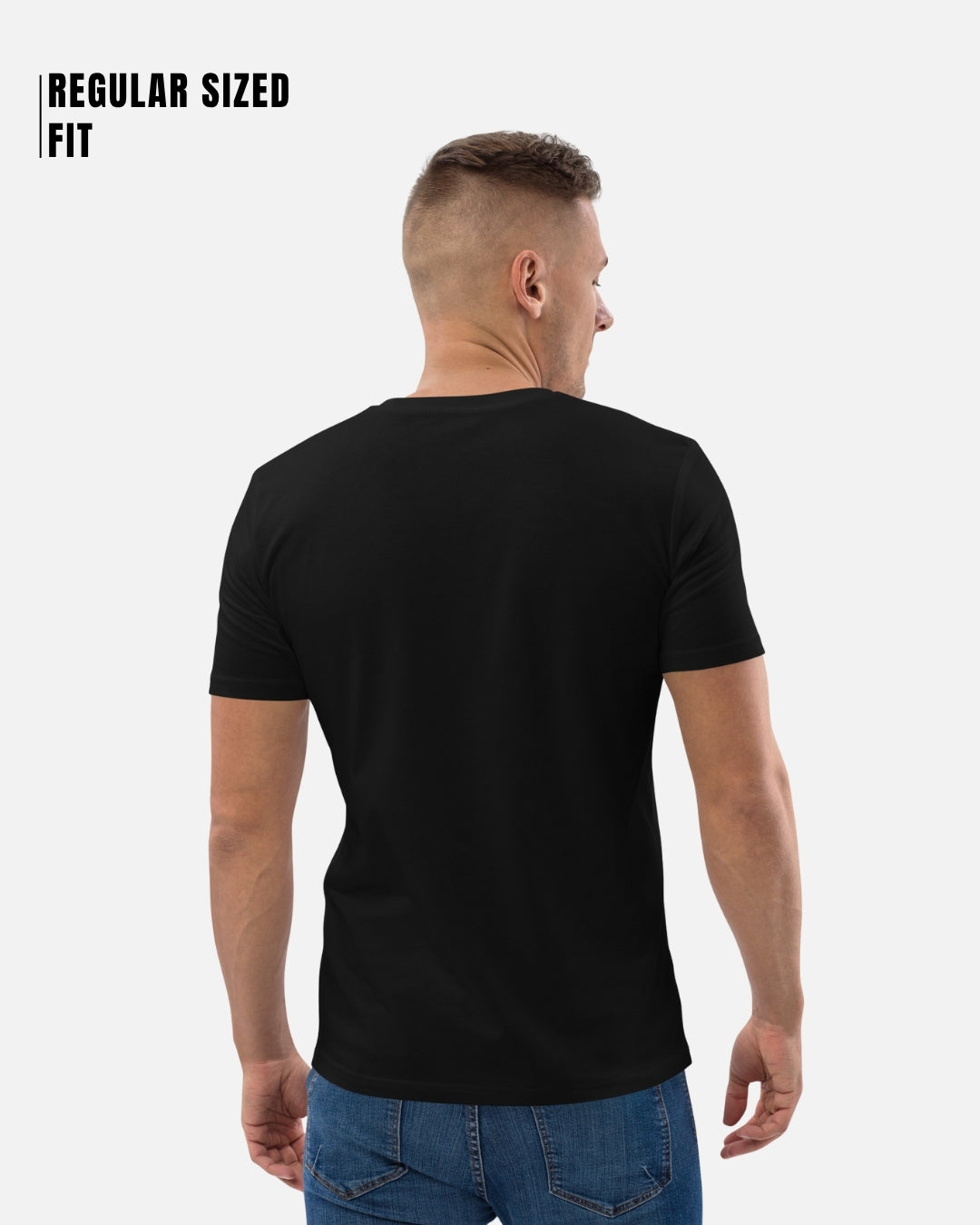 Man wearing a black t-shirt on a white background with 'Regular Sized Fit' text.